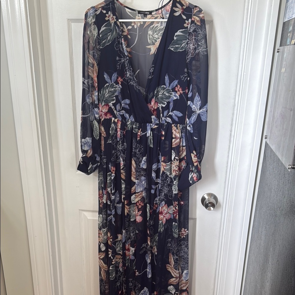 Fashion Nova Blue and Black Plunge Neck Bishop Sleeve Sundress